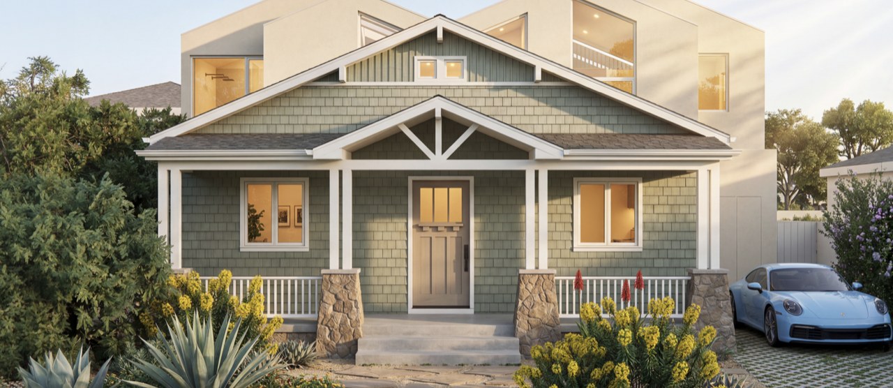 Casa Craftsman, front elevation — artist rendering